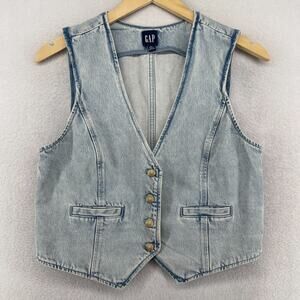 GAP Vest Womens M Petite Denim Cotton Waistcoat Cropped Jean Light Washed Blue